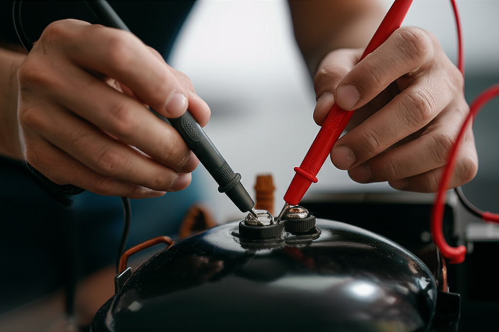 Technician performing diagnostic work on luxury appliance