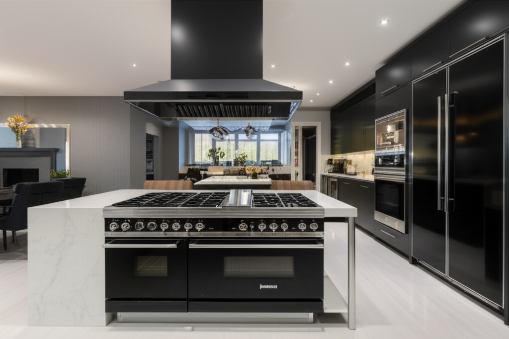 JennAir designer kitchen with black glass and stainless steel